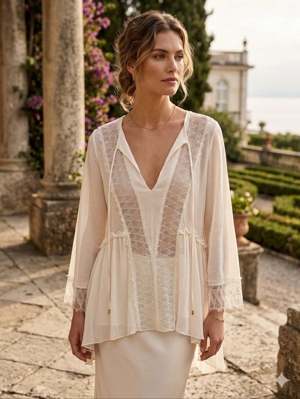 Alberta Ferretti Silk Sheer Romantic Boho Lace Blouse